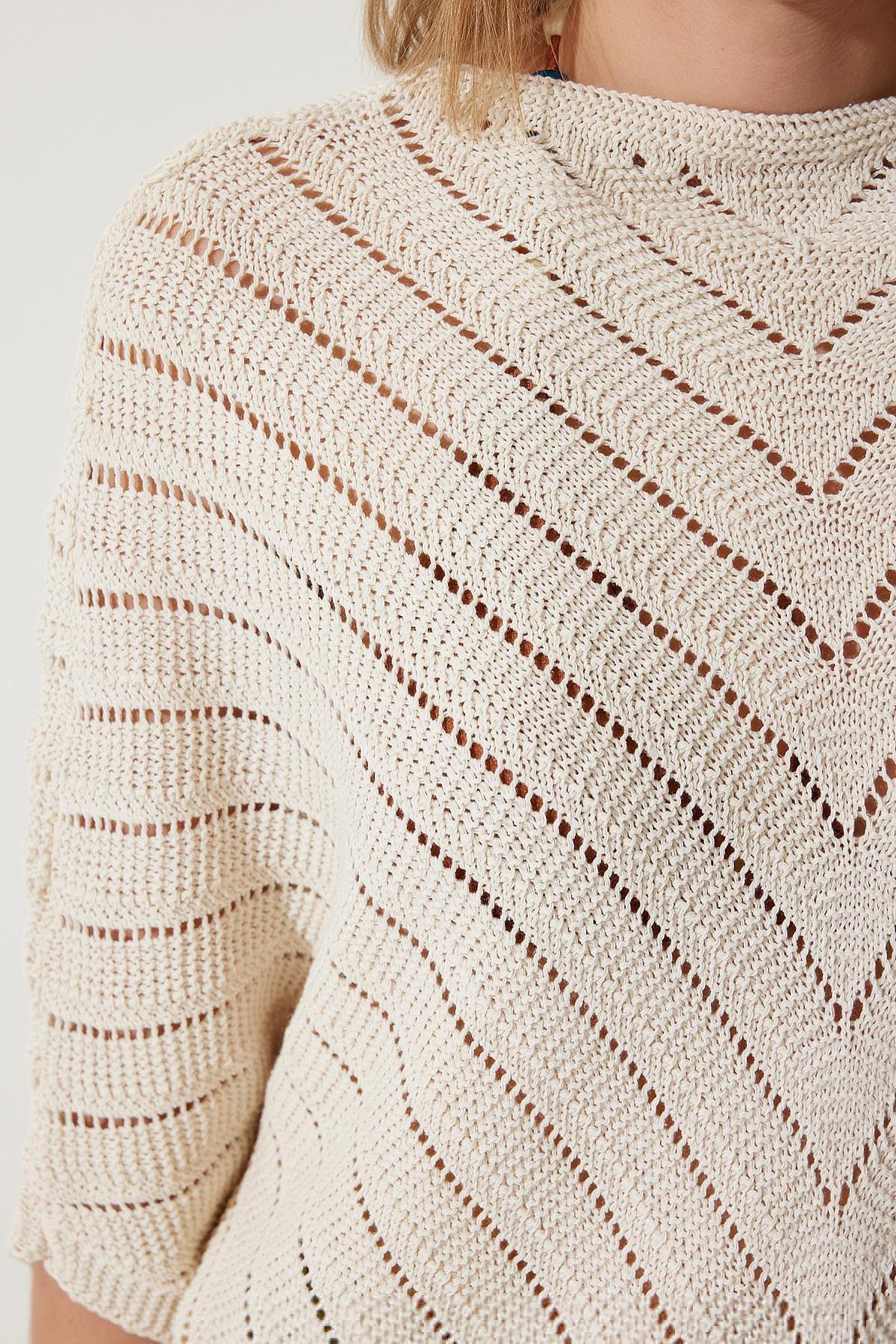 Cream Open-Work Cropped Blouse, Cream, large image number 3