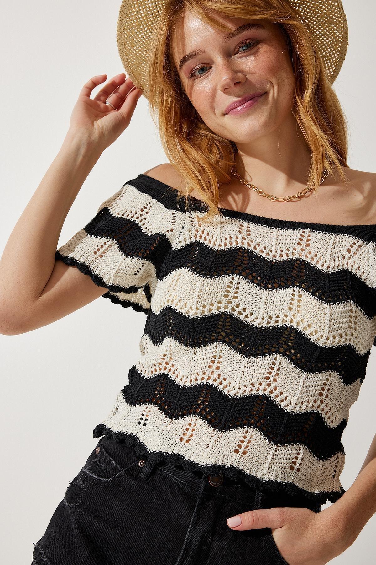 Black Openwork Blouse, BLACK CREAM, large image number 2