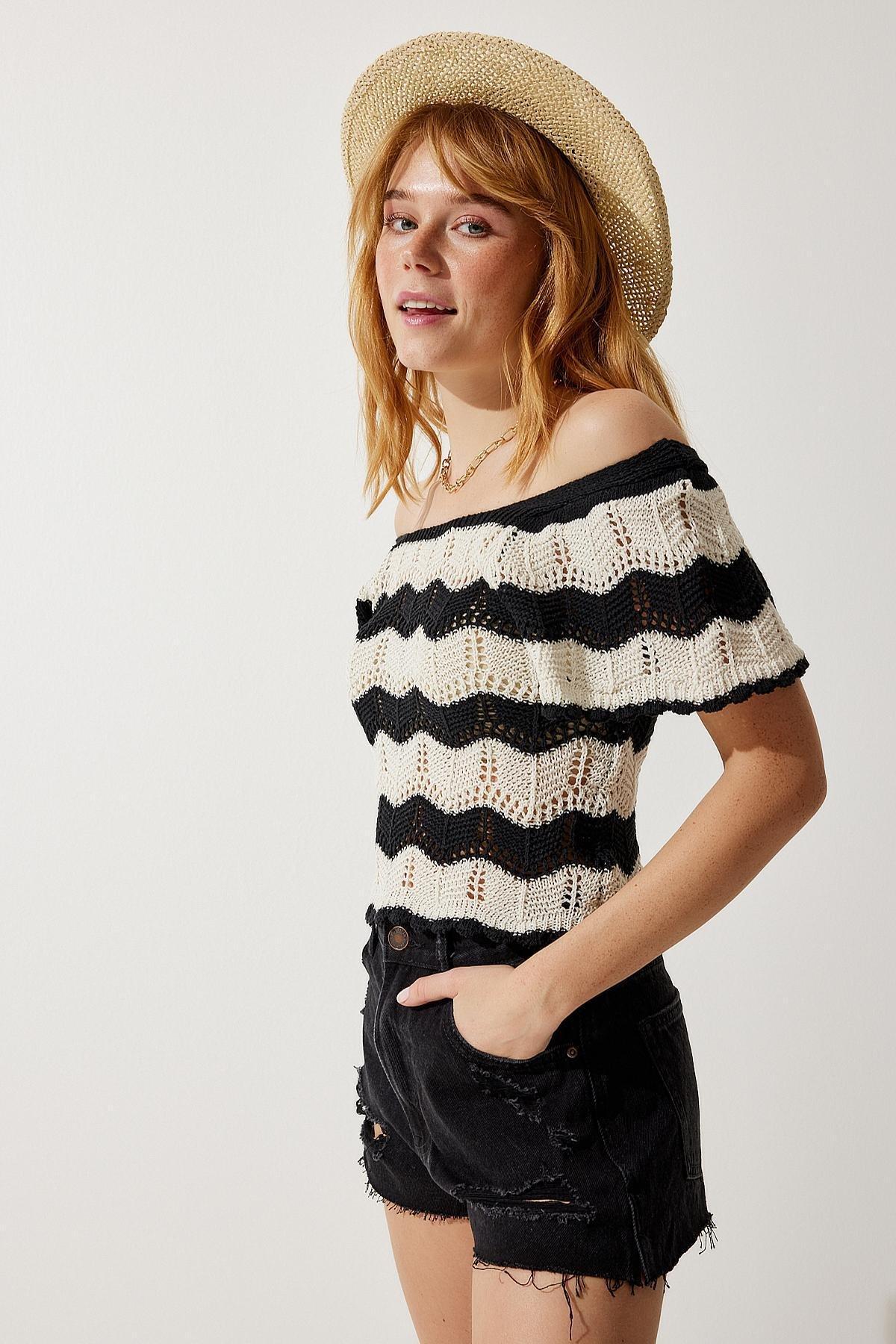 Black Openwork Blouse, BLACK CREAM, large image number 4