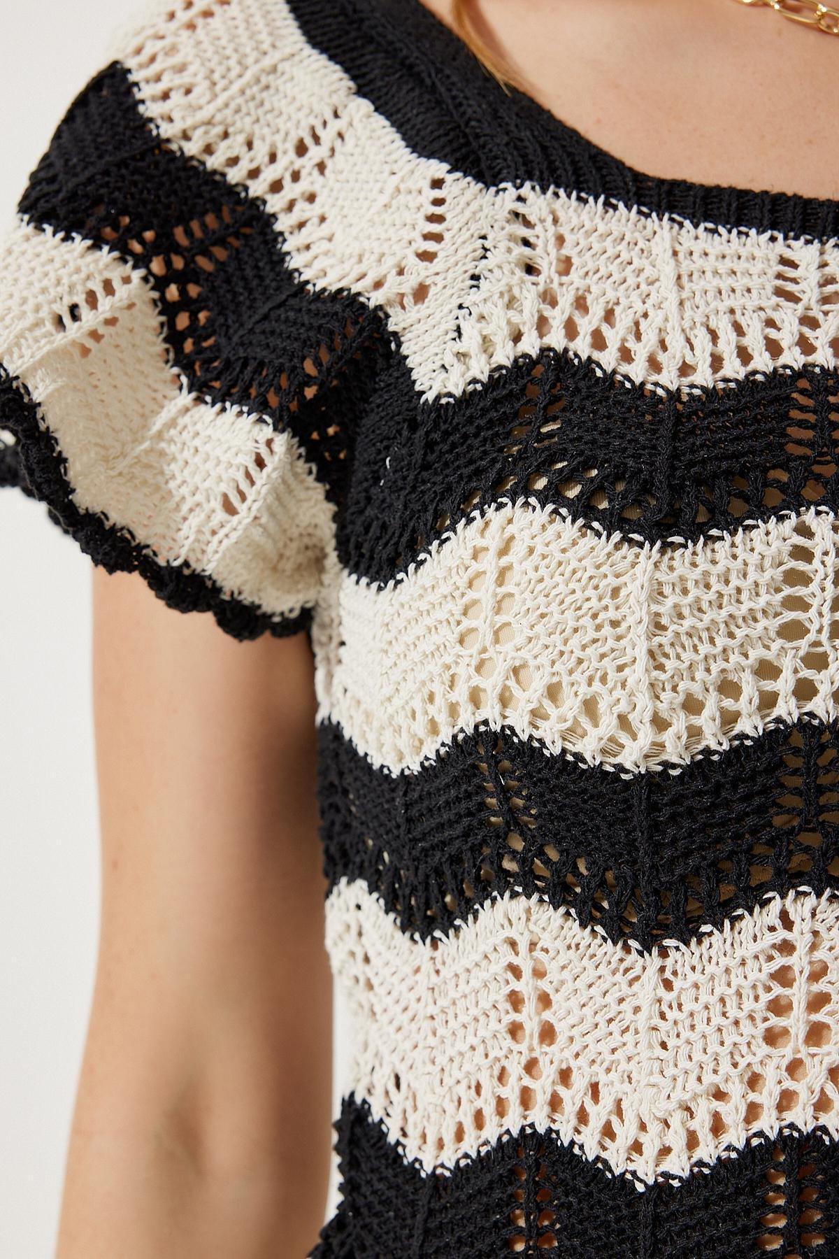 Black Openwork Blouse, BLACK CREAM, large image number 6