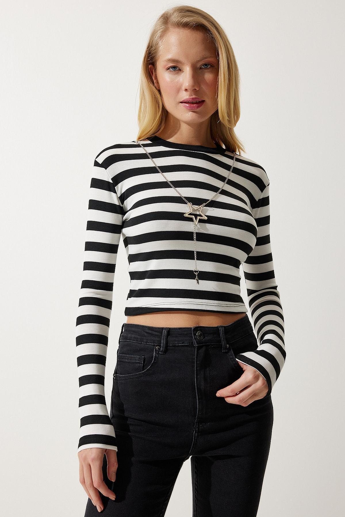 Multicolour Striped Crop Shirt, BLACK WHITE, large image number 0