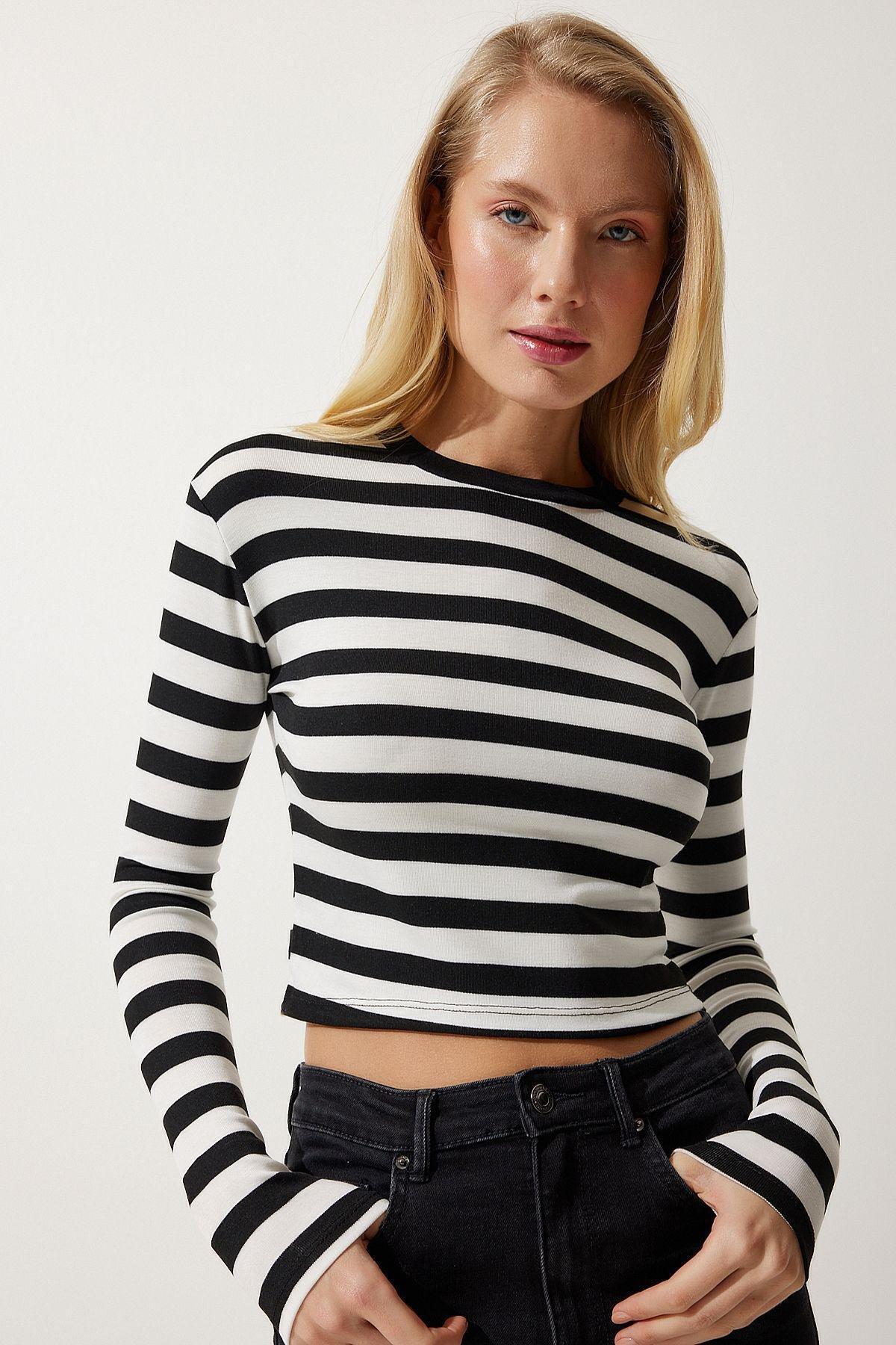 Multicolour Striped Crop Shirt, BLACK WHITE, large image number 1