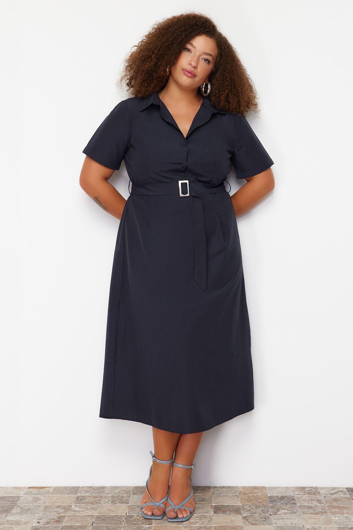 Navy belt detailed woven dress, Navy blue, large image number 0