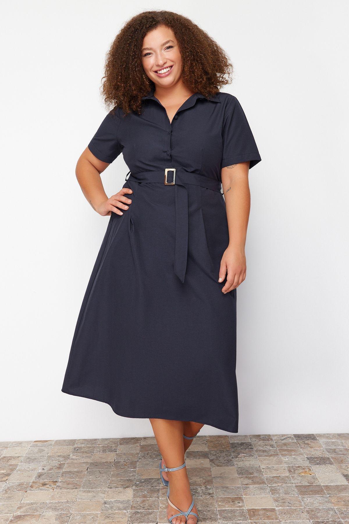 Navy belt detailed woven dress, Navy blue, large image number 1