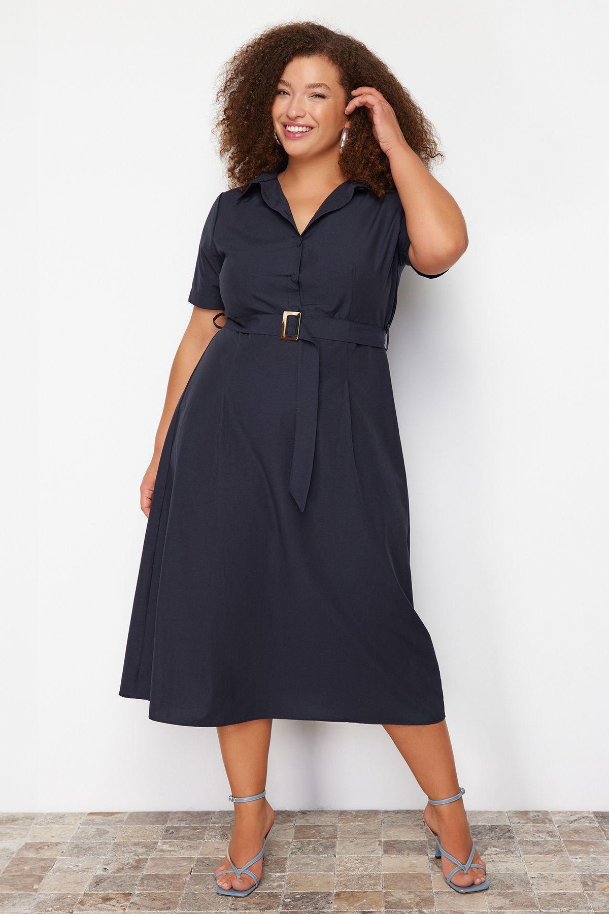 Navy belt detailed woven dress, Navy blue, large image number 3