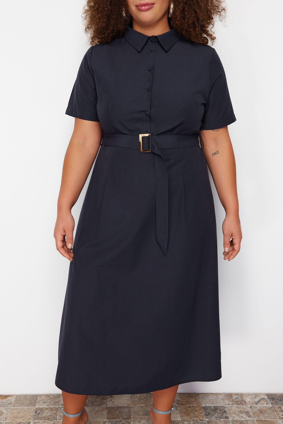Navy belt detailed woven dress, Navy blue, large image number 4