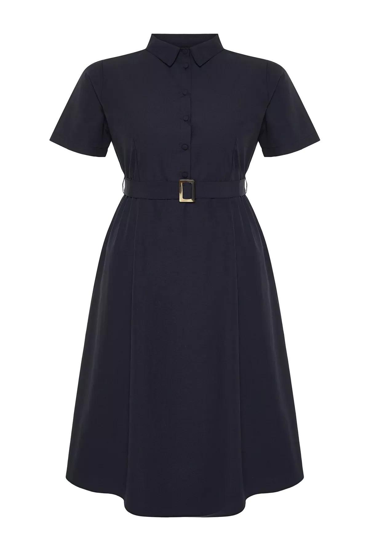 Navy belt detailed woven dress, Navy blue, large image number 6