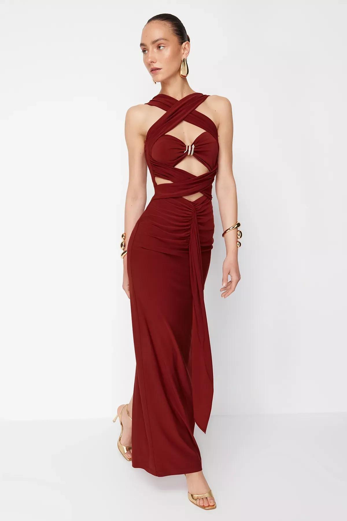 Red Bodycon Party Maxi Dress, Tile, medium