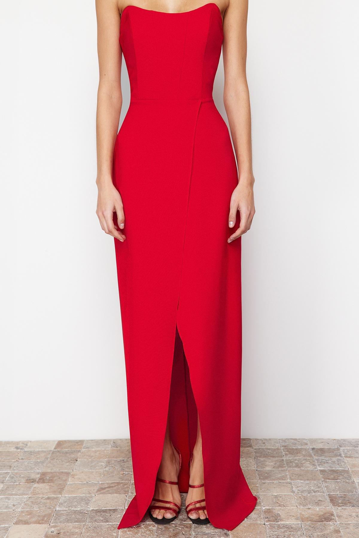 Red Corset Detailed Long Occasionwear Dress, , large image number 0