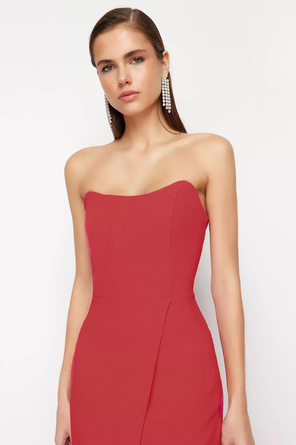 Red Corset Detailed Long Occasionwear Dress, , large image number 1