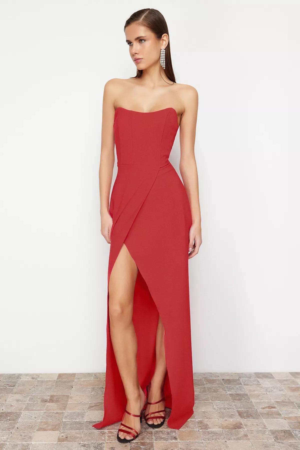 Red Corset Detailed Long Occasionwear Dress, , large image number 2