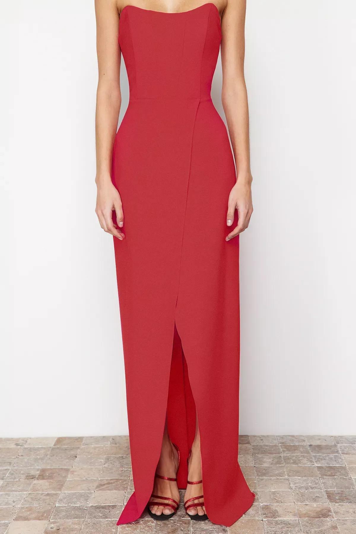 Red Corset Detailed Long Occasionwear Dress, , large image number 3