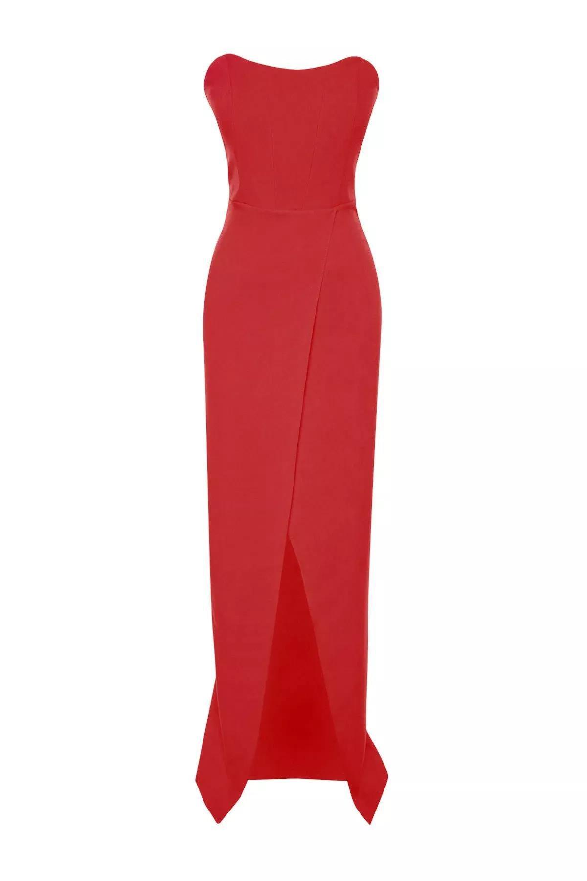 Red Corset Detailed Long Occasionwear Dress, , large image number 5
