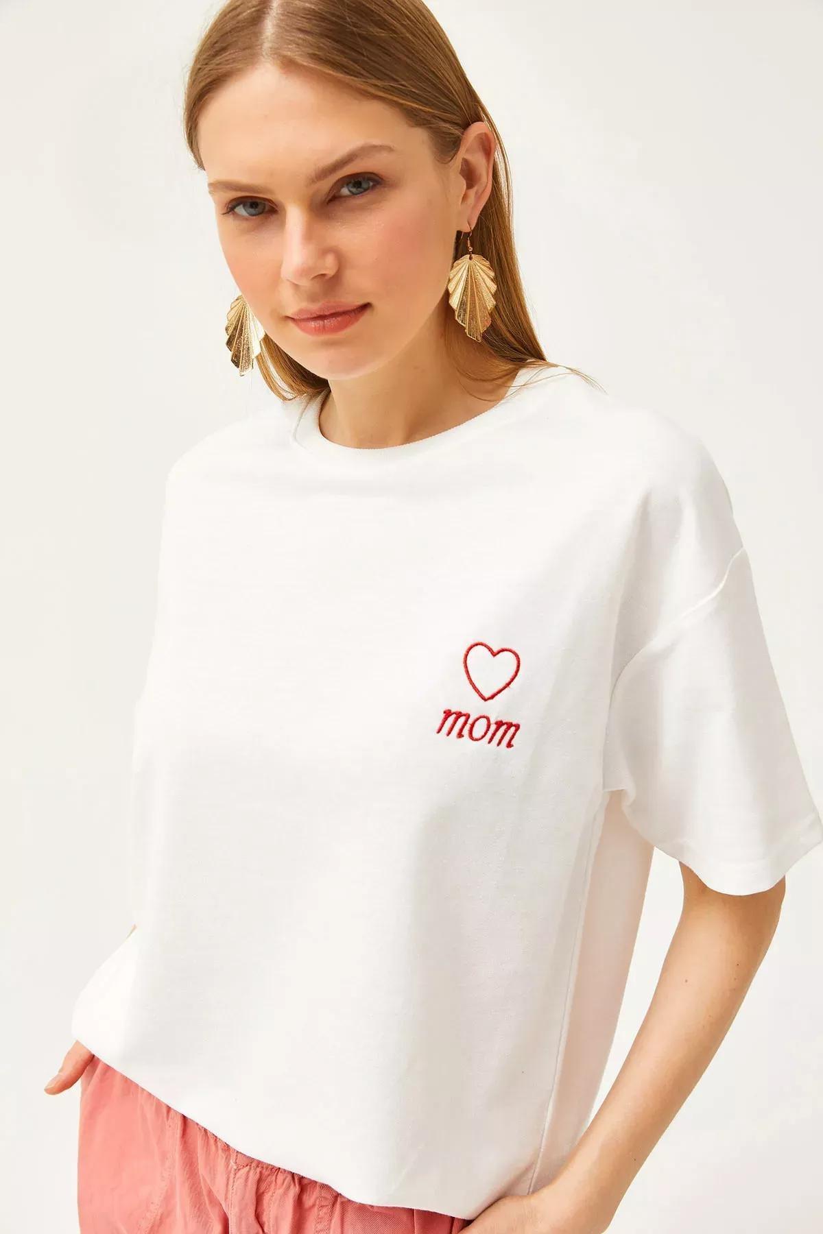 Beige Mom Embroidered Oversize T-Shirt, Ecru, large image number 0
