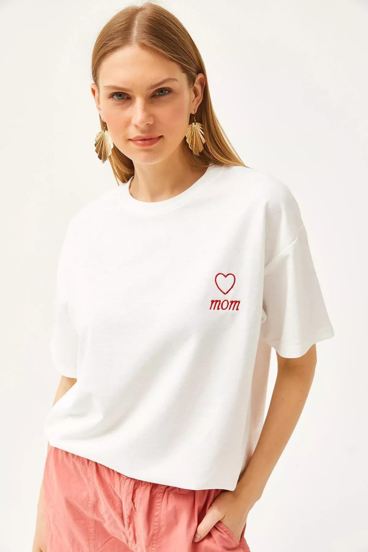 Beige Mom Embroidered Oversize T-Shirt, Ecru, large image number 1