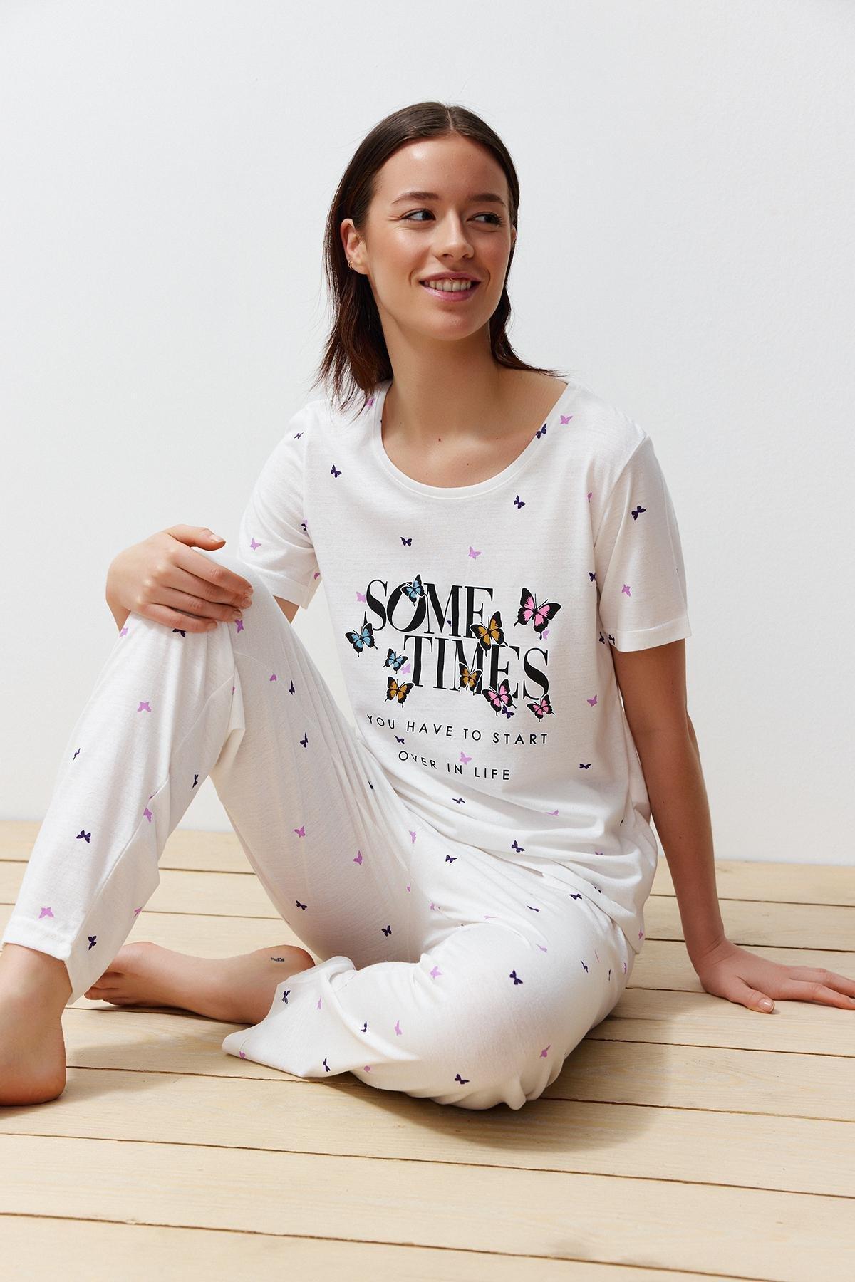 Ecru Patterned Pyjama Set, Ecru, large image number 0