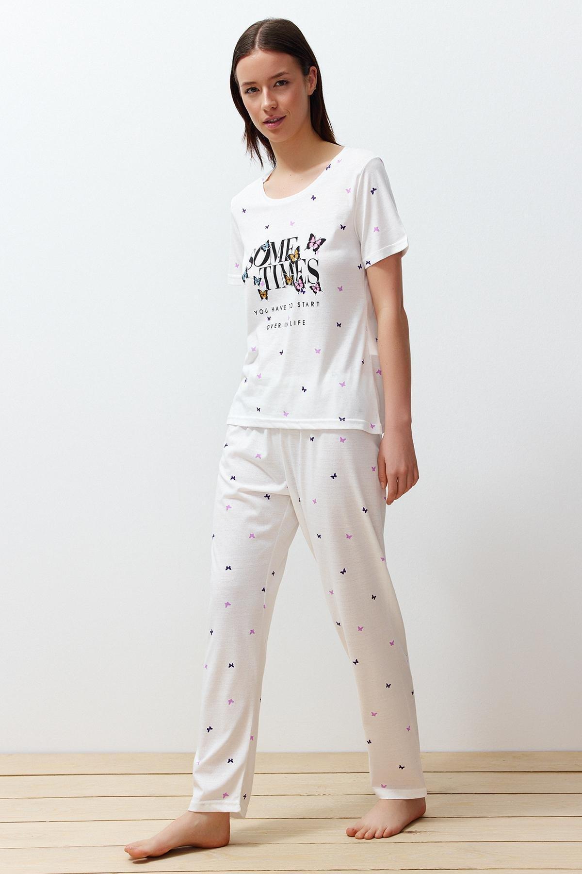 Ecru Patterned Pyjama Set, Ecru, large image number 1