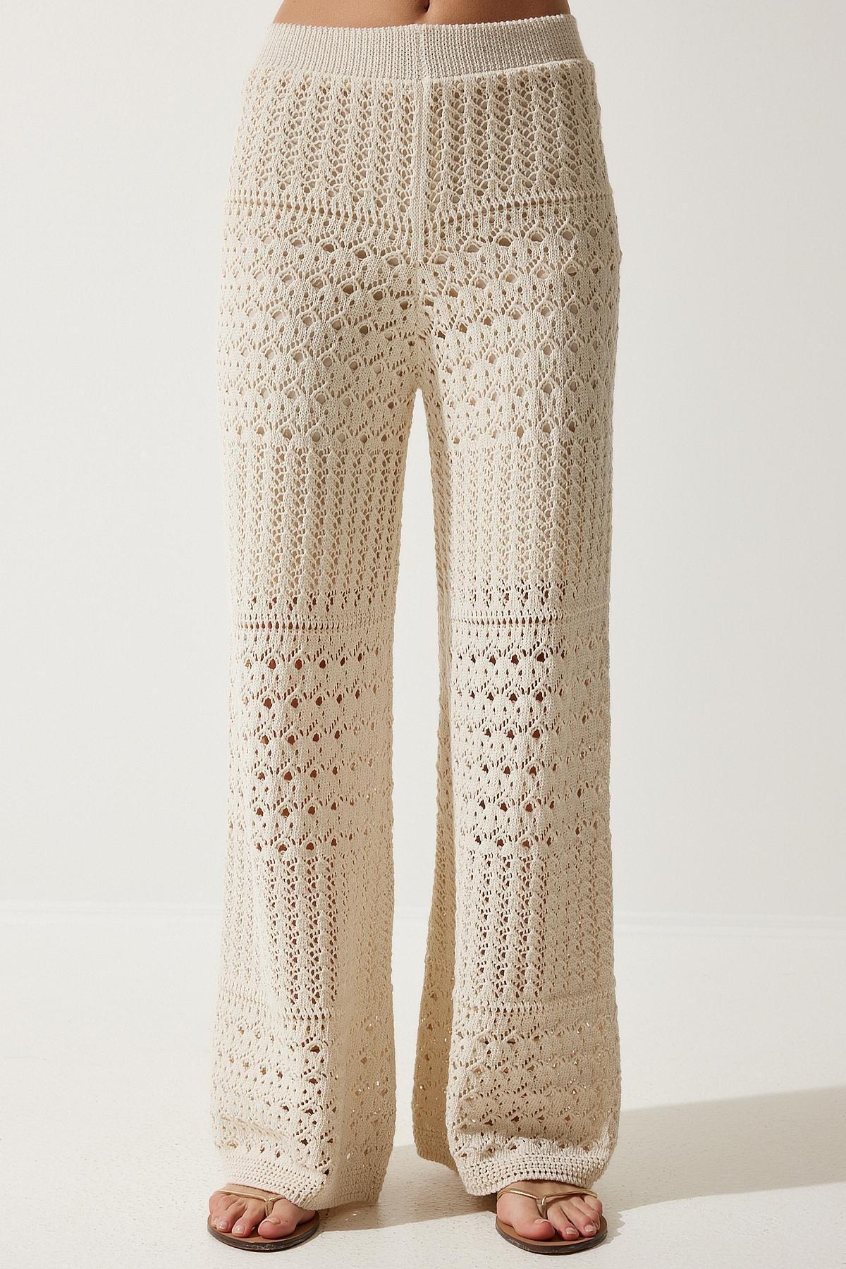 Cream Openwork Knitwear Trousers, Cream, large image number 3