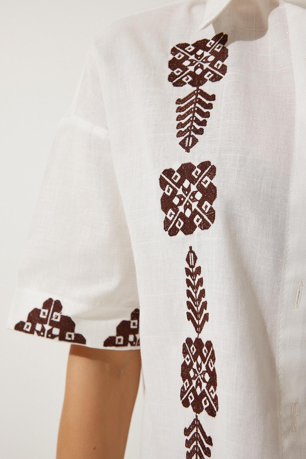 Ecru Embroidered Linen Shirt, , large image number 4
