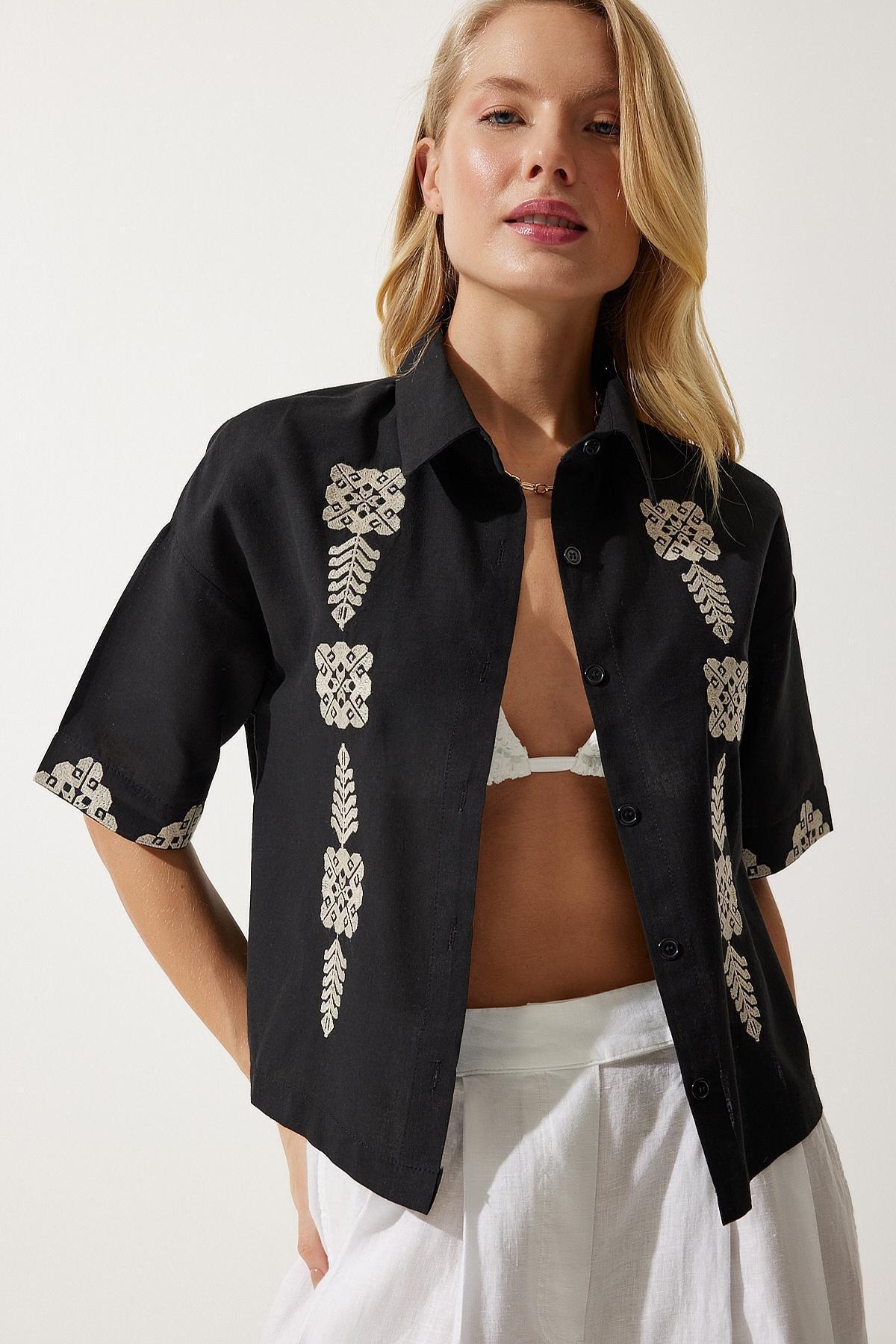 Black Embroidered Linen Shirt, , large image number 1