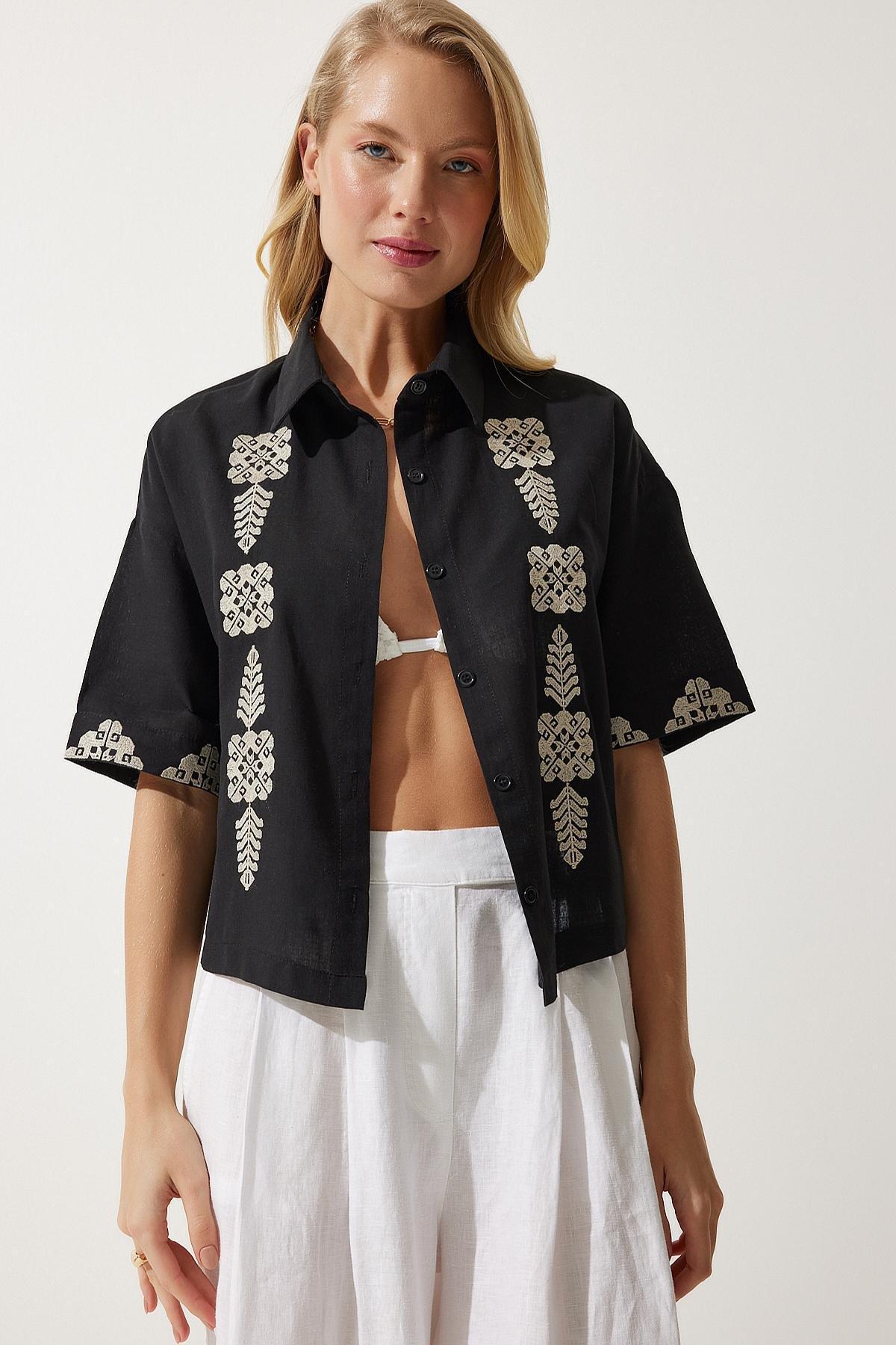Black Embroidered Linen Shirt, , large image number 2