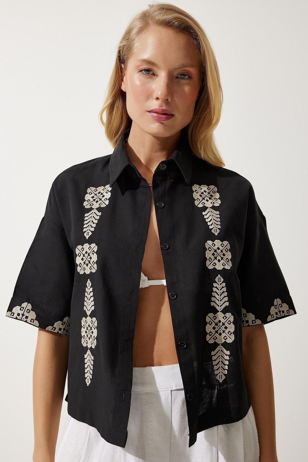 Black Embroidered Linen Shirt, , large image number 3