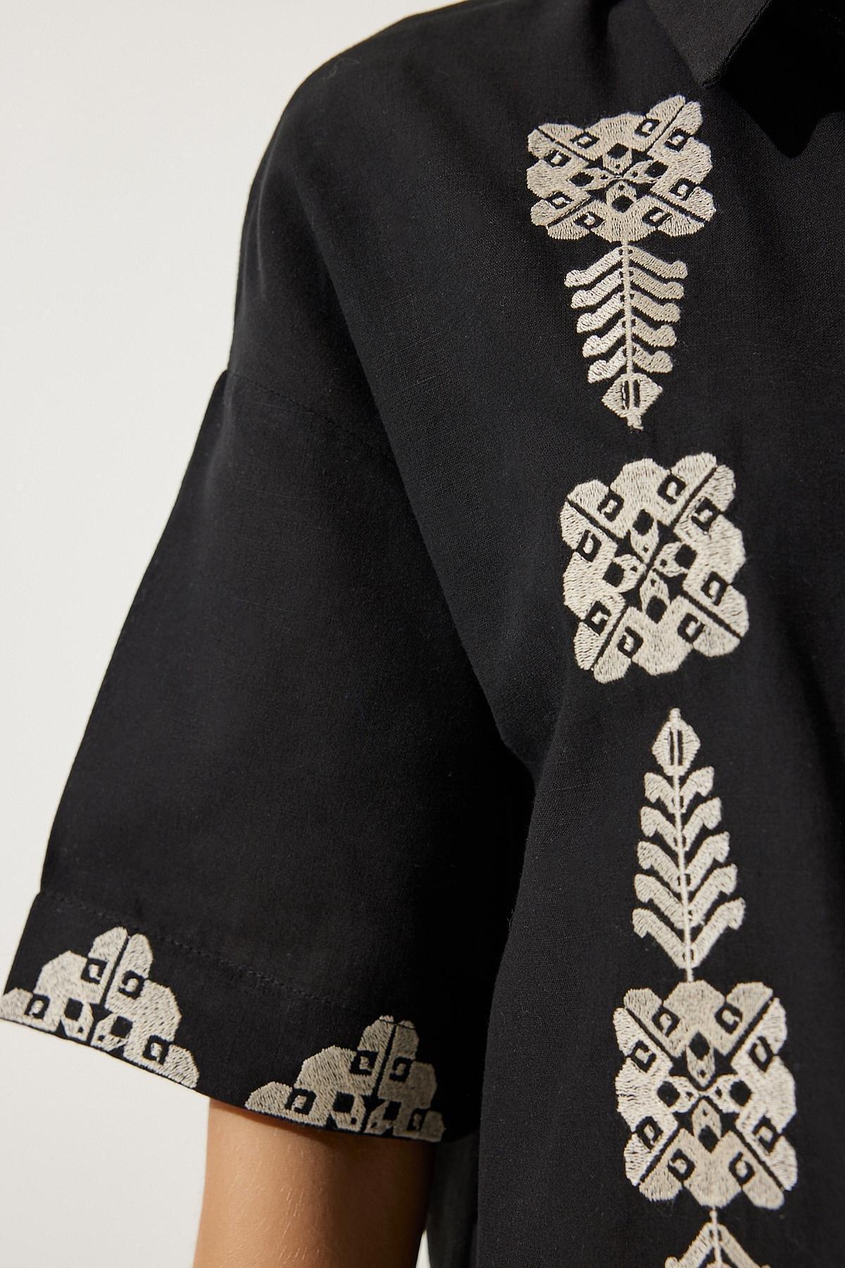Black Embroidered Linen Shirt, , large image number 4