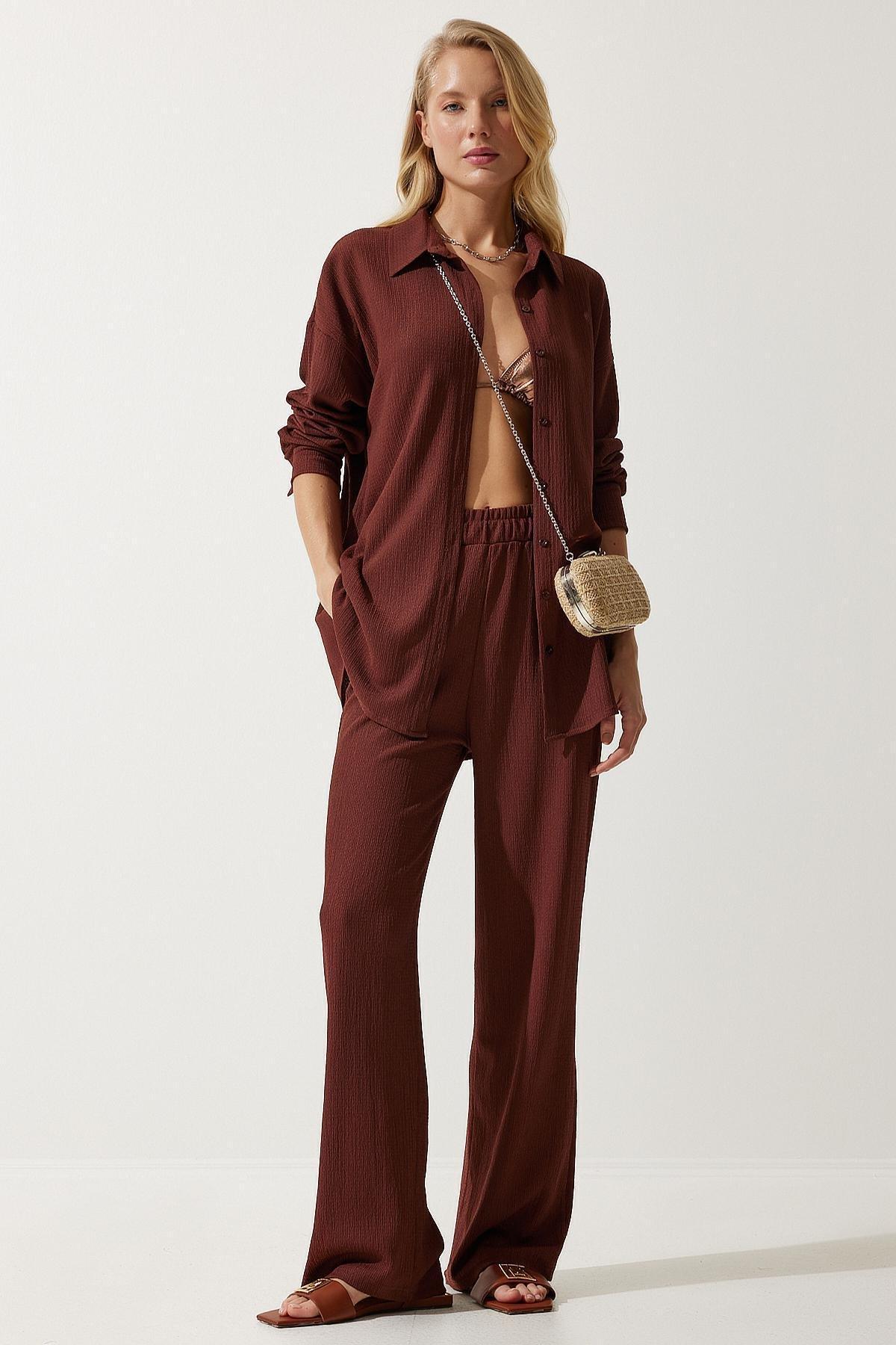 Brown Casual Knitted Pants Suit, Brown, large image number 3