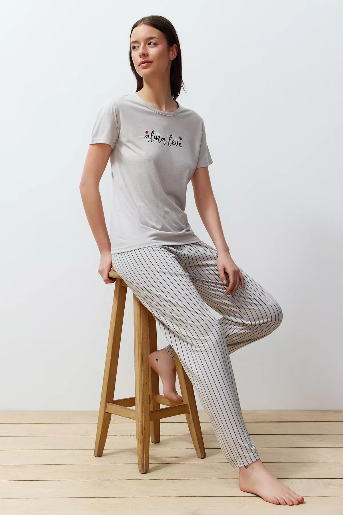 Grey Printed Striped Pyjama Set, C101_5662, large image number 0