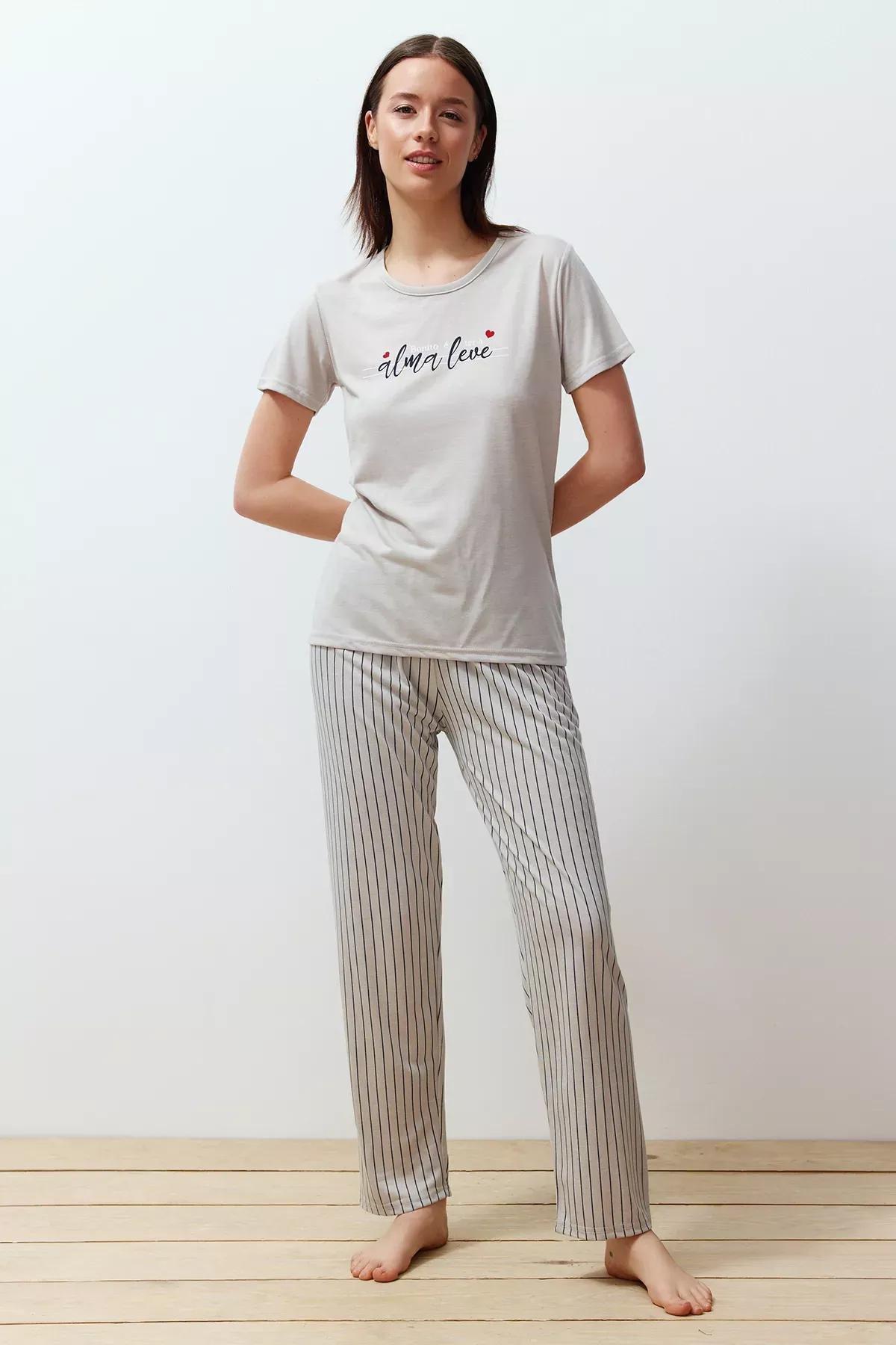 Grey Printed Striped Pyjama Set, C101_5662, large image number 1