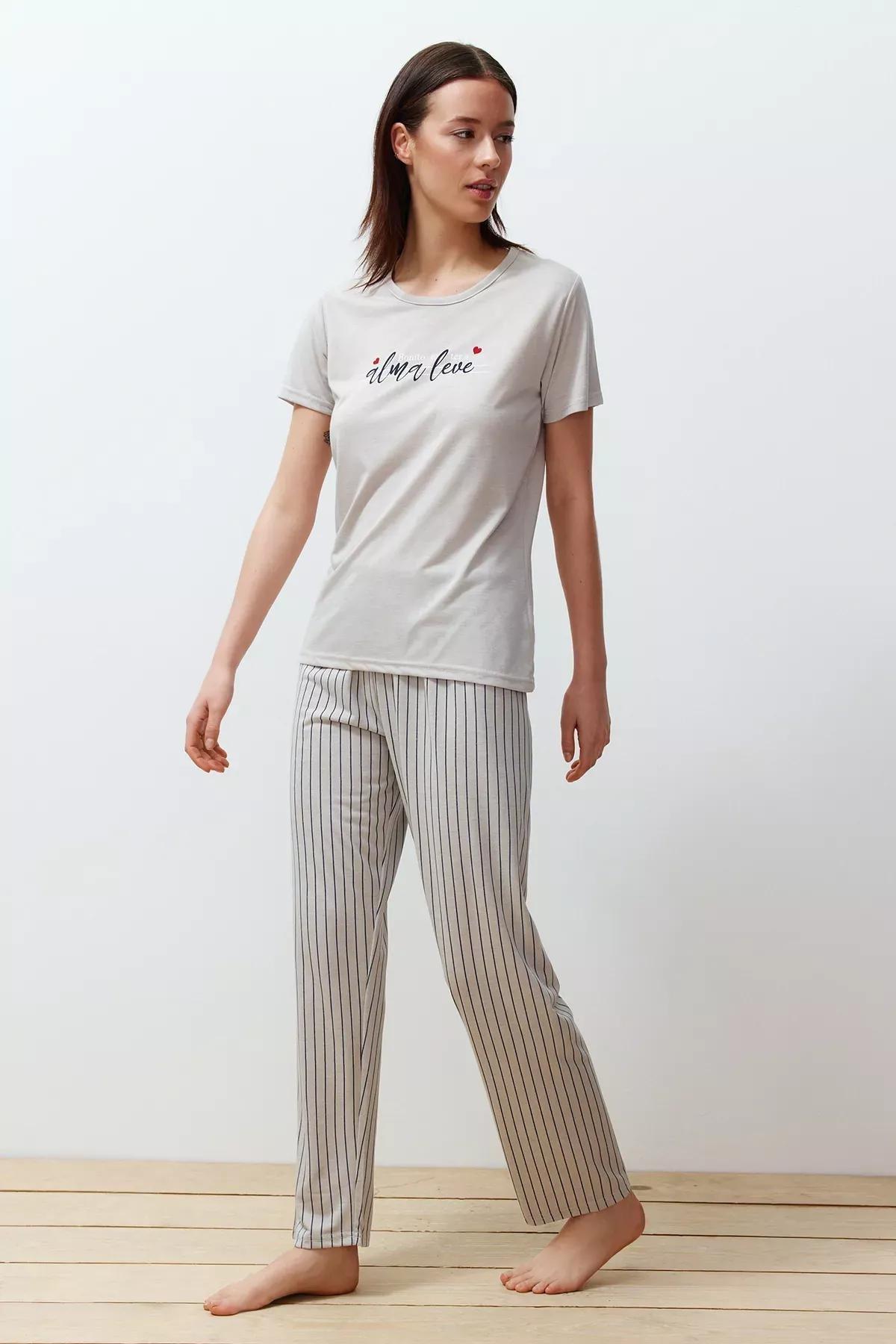 Grey Printed Striped Pyjama Set, C101_5662, large image number 2