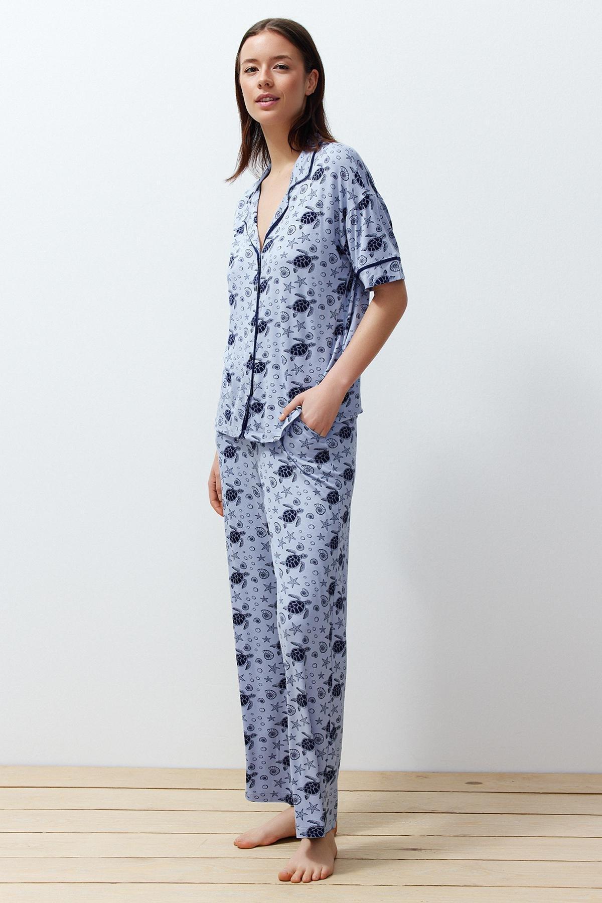 Blue Patterned Detailed Knitted Pyjamas Set, C101_5645, large image number 1