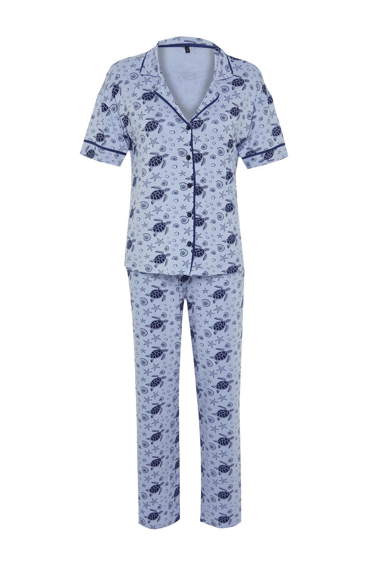 Blue Patterned Detailed Knitted Pyjamas Set, C101_5645, large image number 4