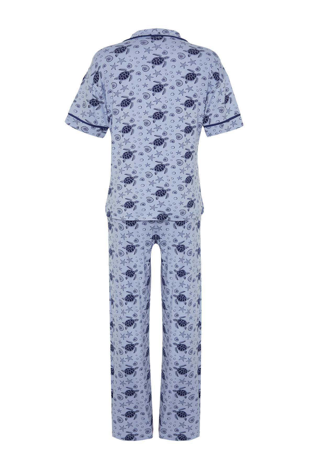 Blue Patterned Detailed Knitted Pyjamas Set, C101_5645, large image number 5