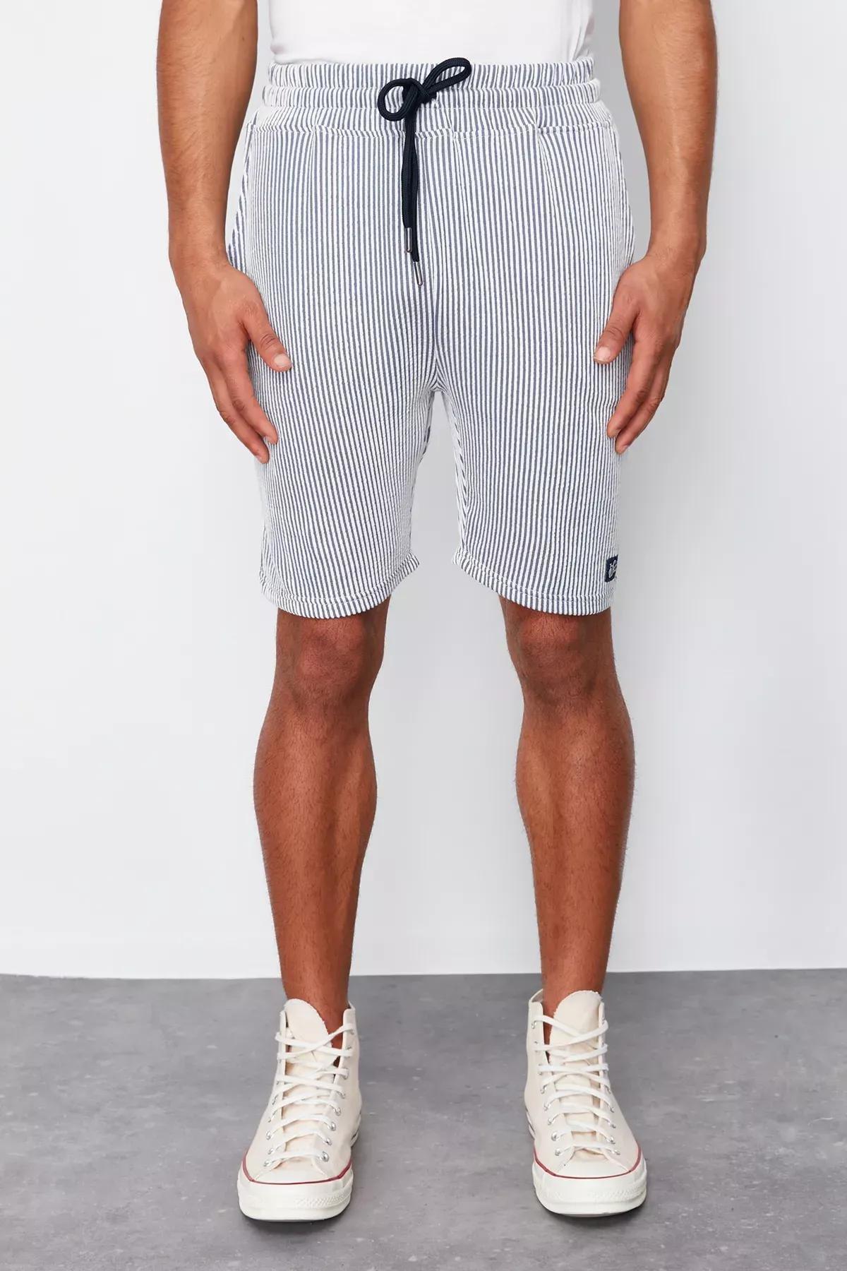 Blue Striped Regular Shorts, DARK BLUE, large image number 3
