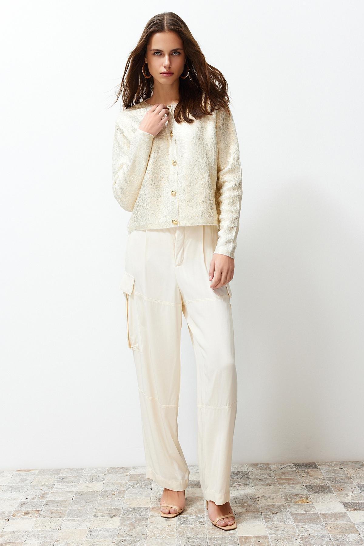 Gold Printed Knitwear Cardigan, Ecru, large image number 0