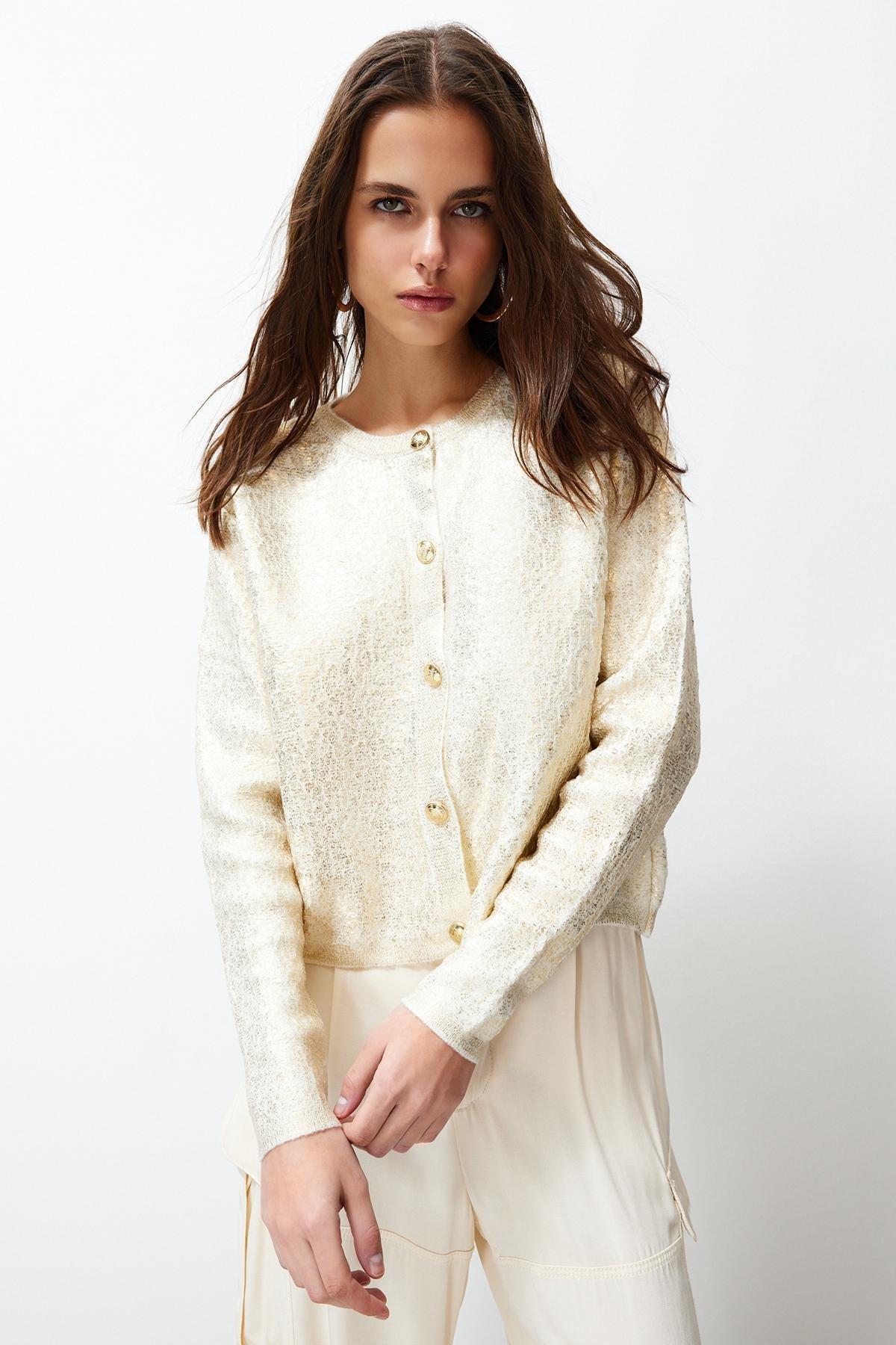 Gold Printed Knitwear Cardigan, Ecru, large image number 1