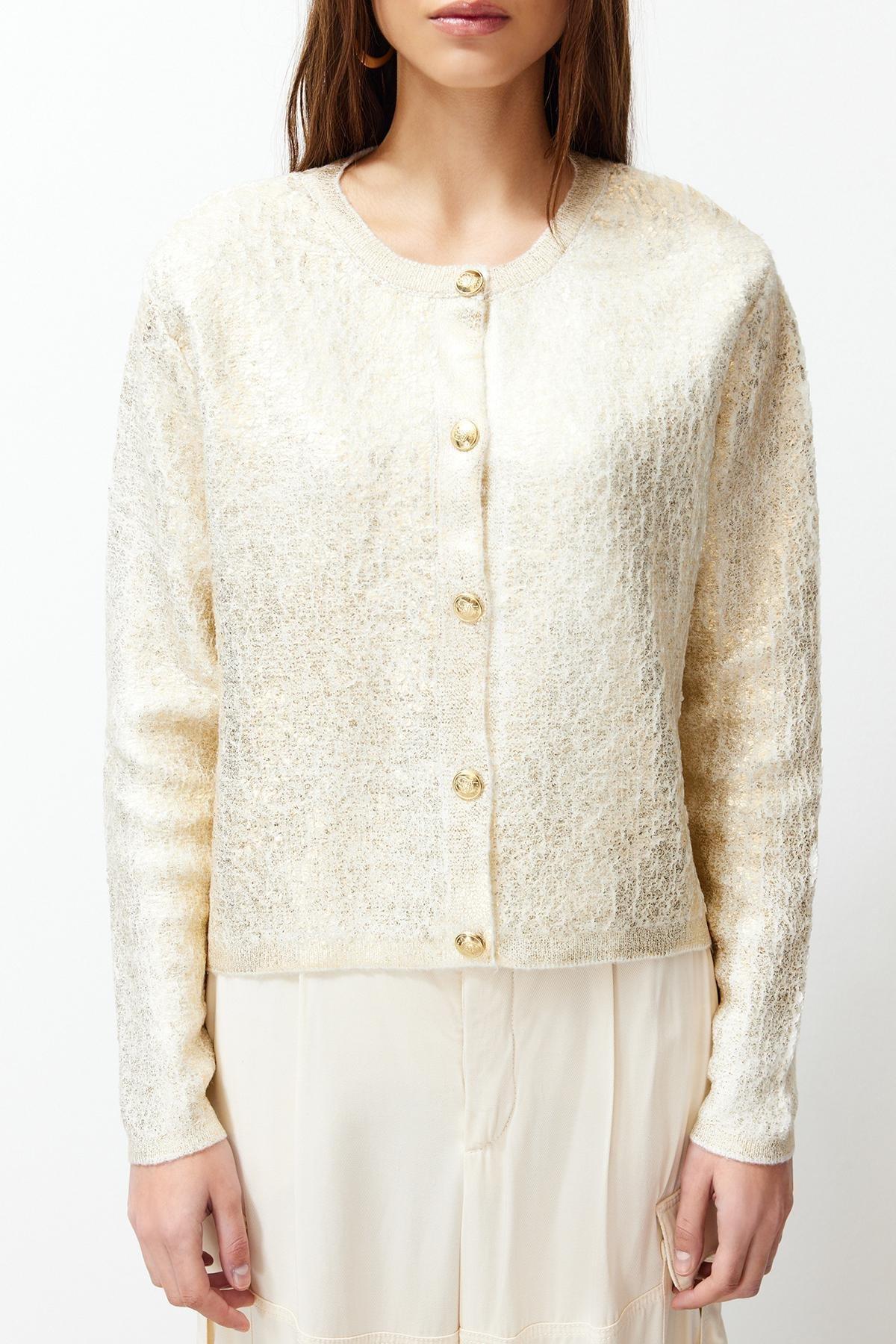 Gold Printed Knitwear Cardigan, Ecru, large image number 2
