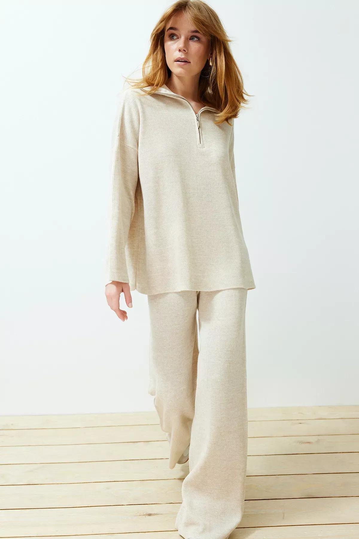 Ecru Collared Knitted Co-Ord Set, Ecru, large image number 1