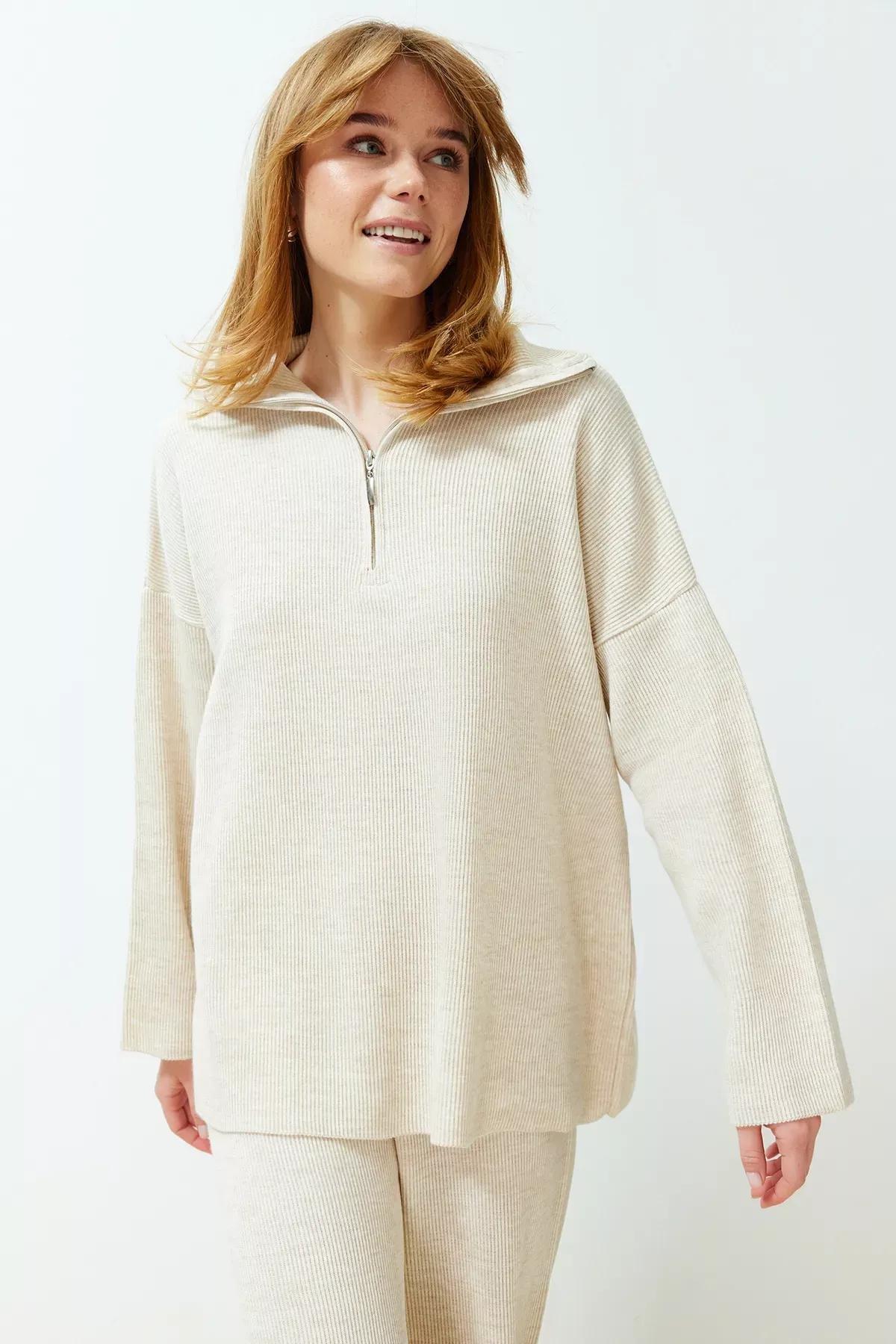 Ecru Collared Knitted Co-Ord Set, Ecru, large image number 2