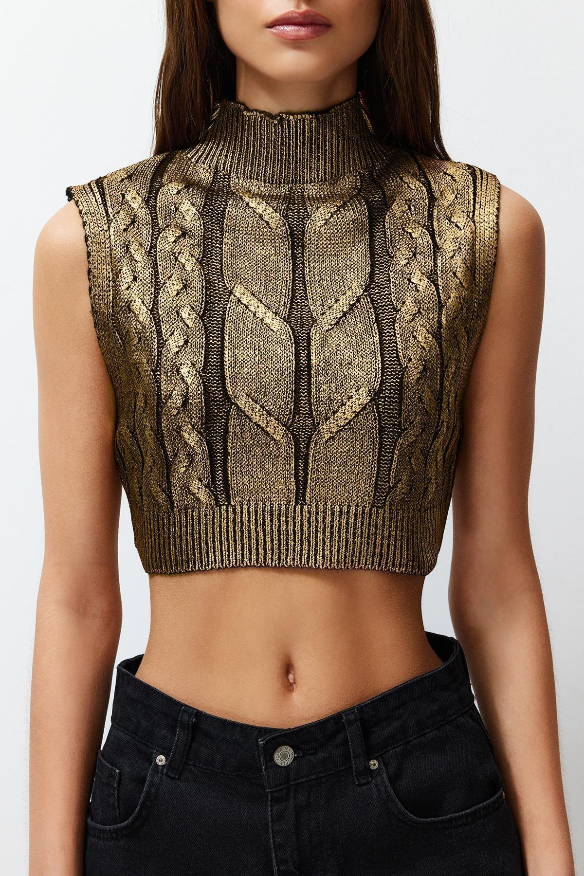 Gold Printed Crop Blouse, Yellow, large image number 3