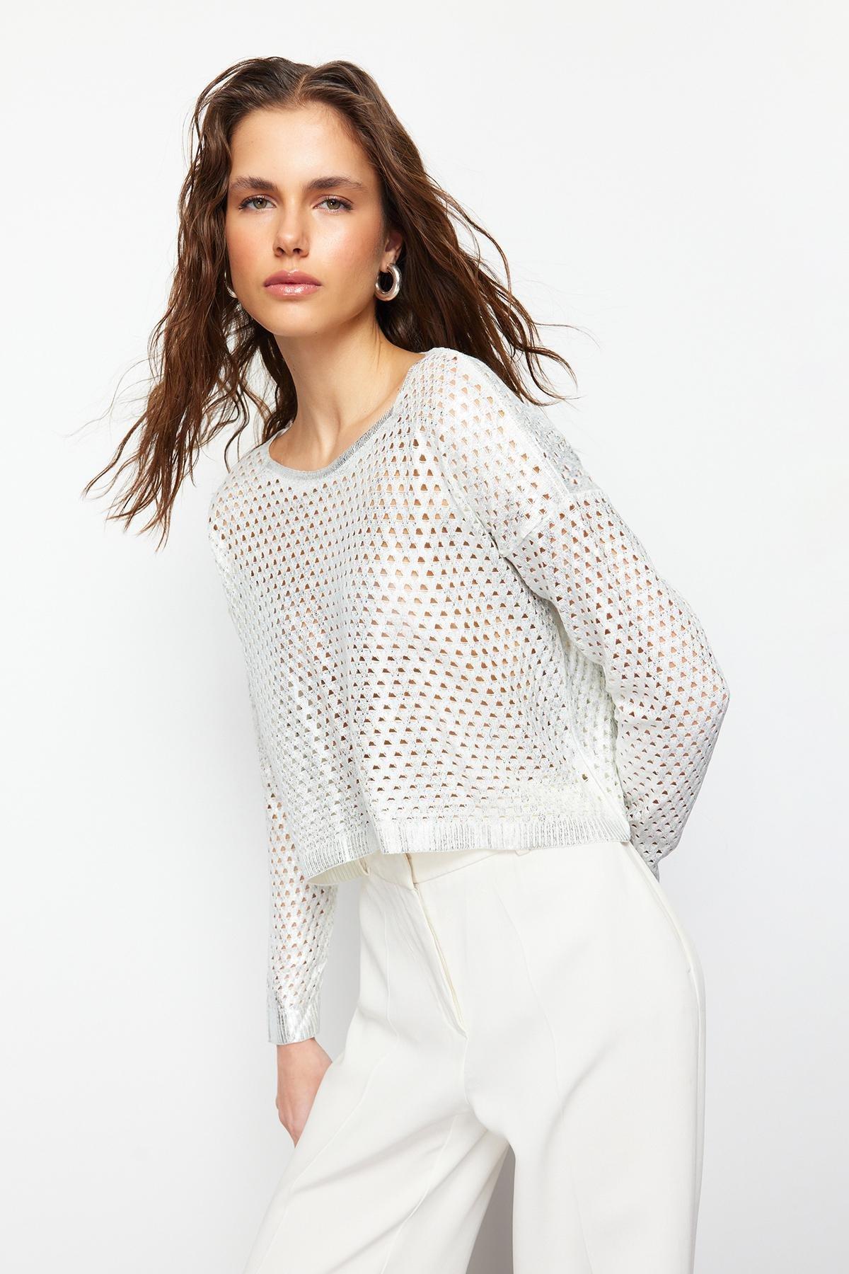 Ecru Printed Perforated Sweater, Ecru, large image number 1