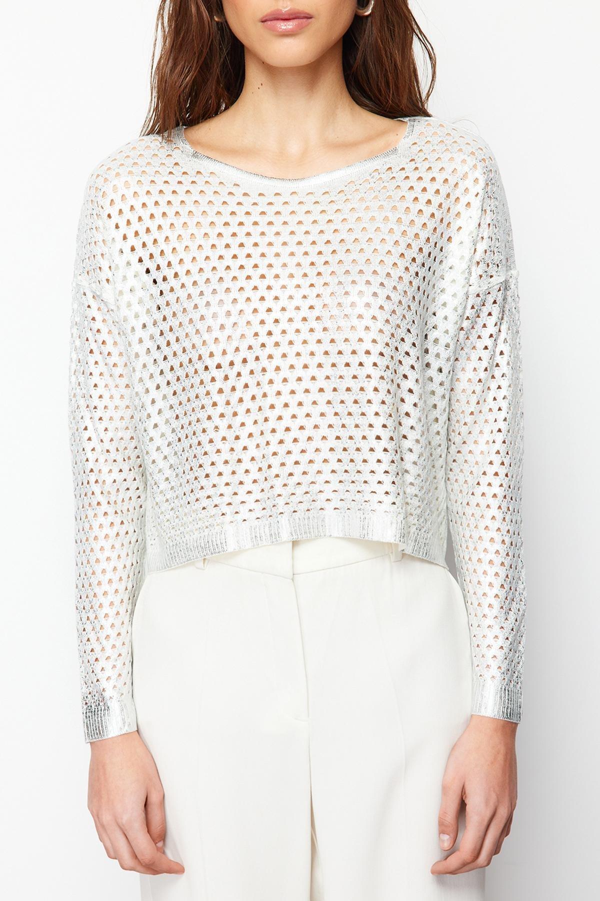 Ecru Printed Perforated Sweater, Ecru, large image number 4