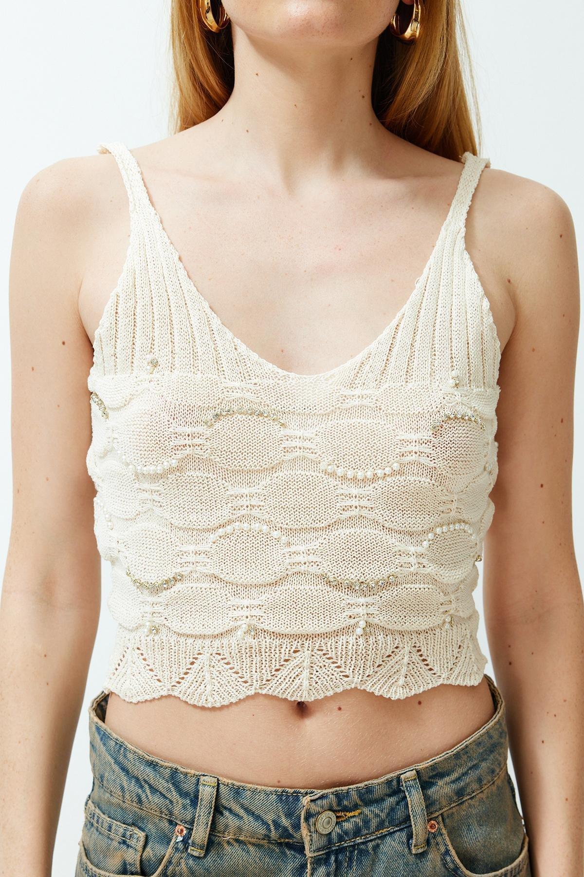 Ecru Strap Openwork Crop Blouse, Ecru, large image number 3