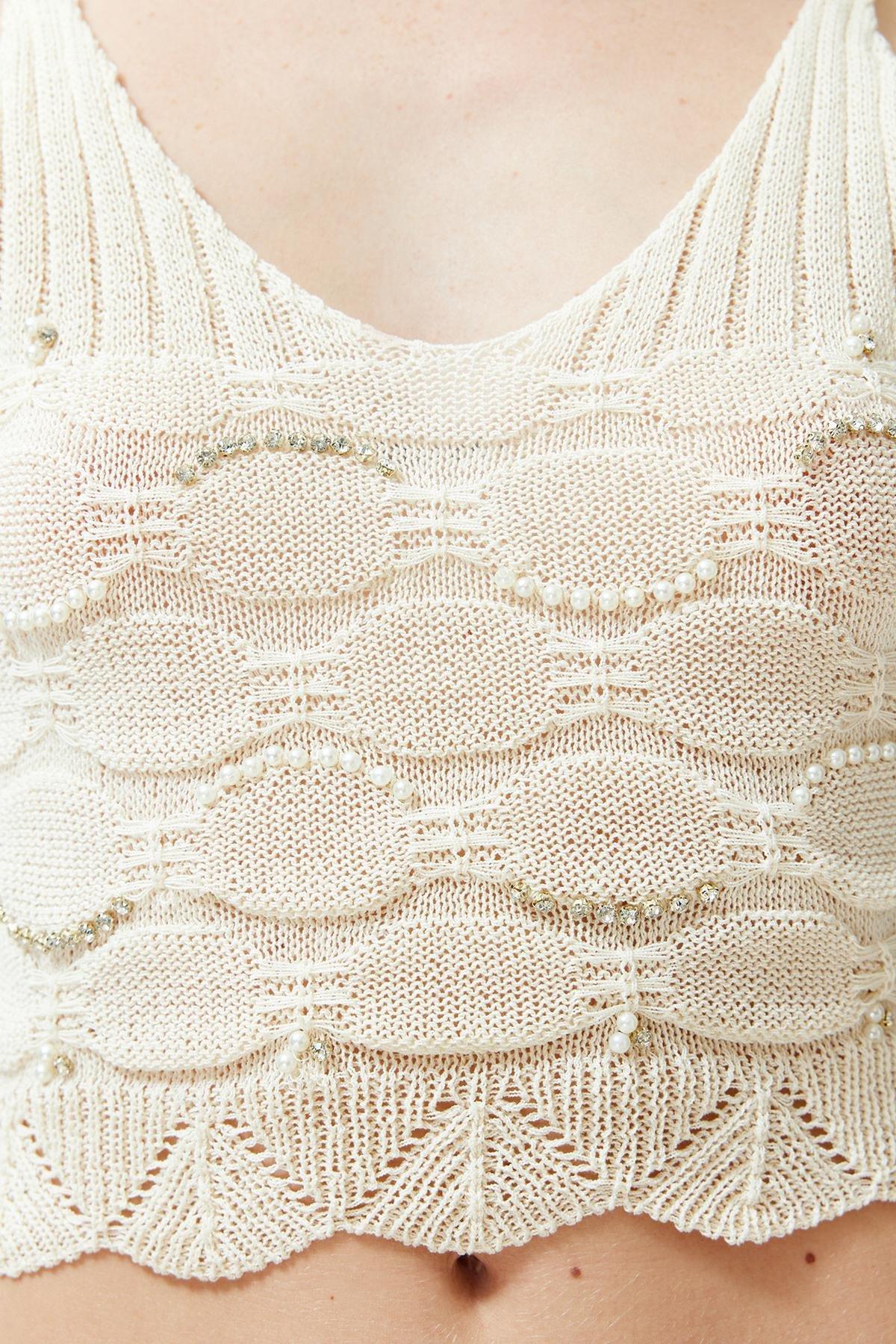 Ecru Strap Openwork Crop Blouse, Ecru, large image number 4