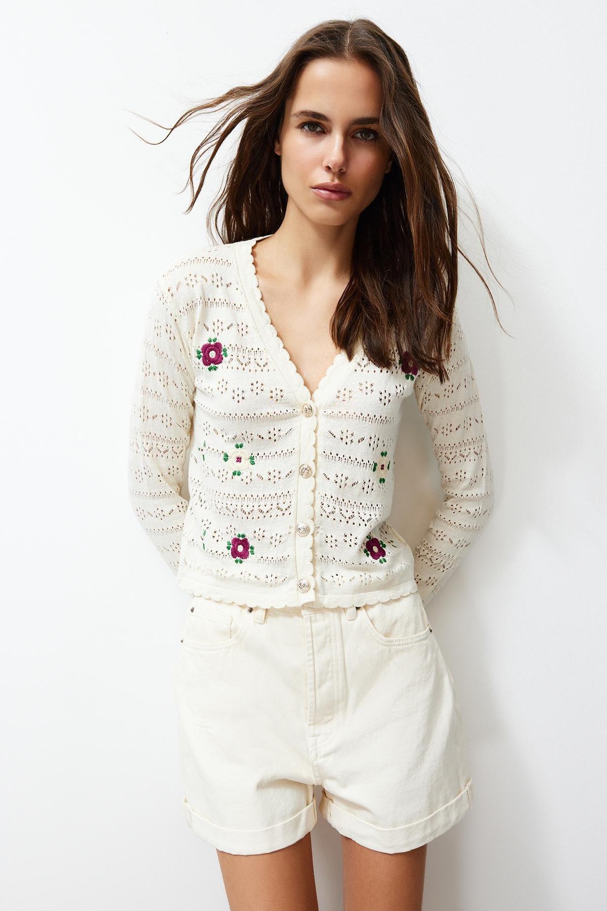 Ecru Embroidered Openwork Cardigan, Ecru, large image number 1
