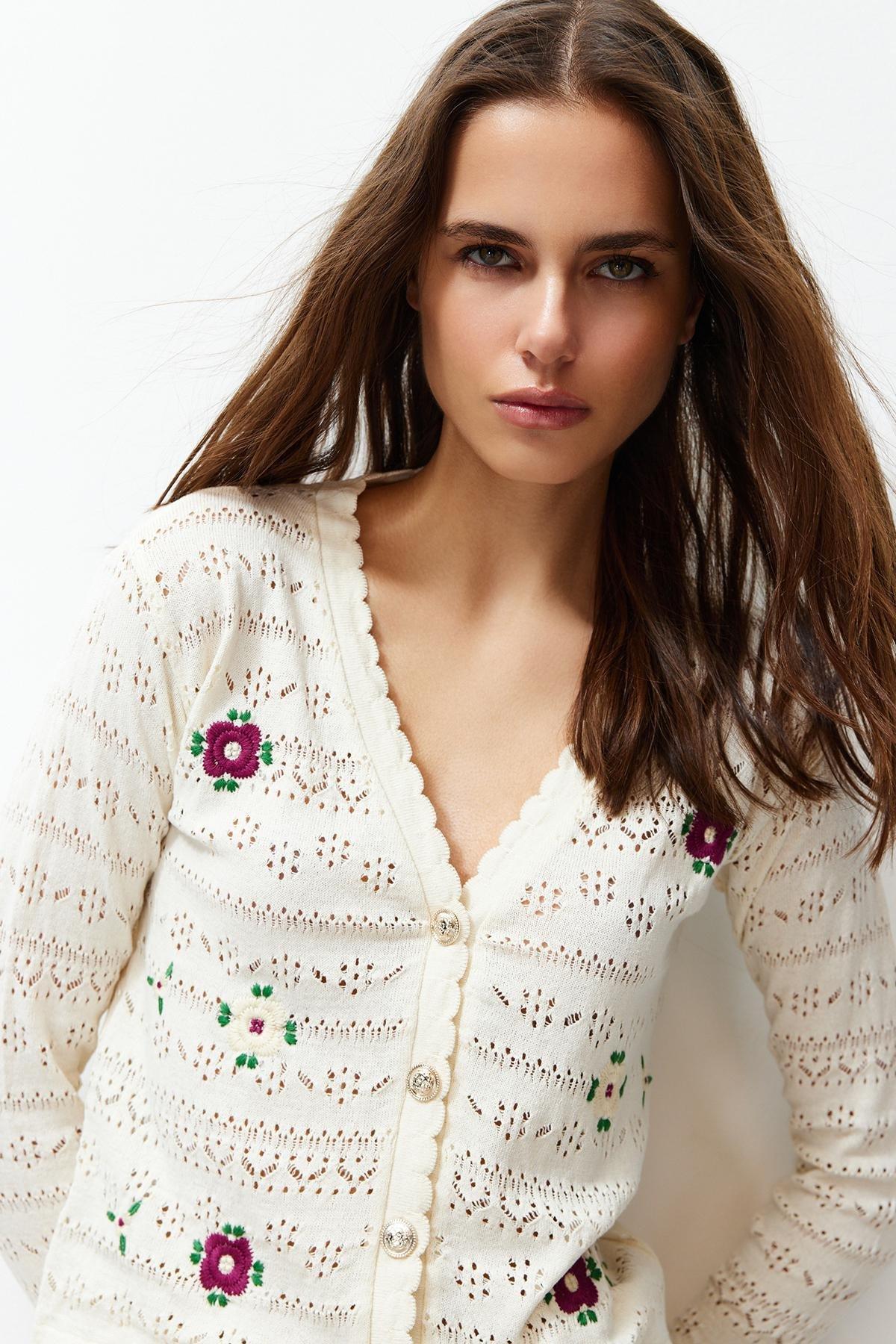 Ecru Embroidered Openwork Cardigan, Ecru, large image number 2