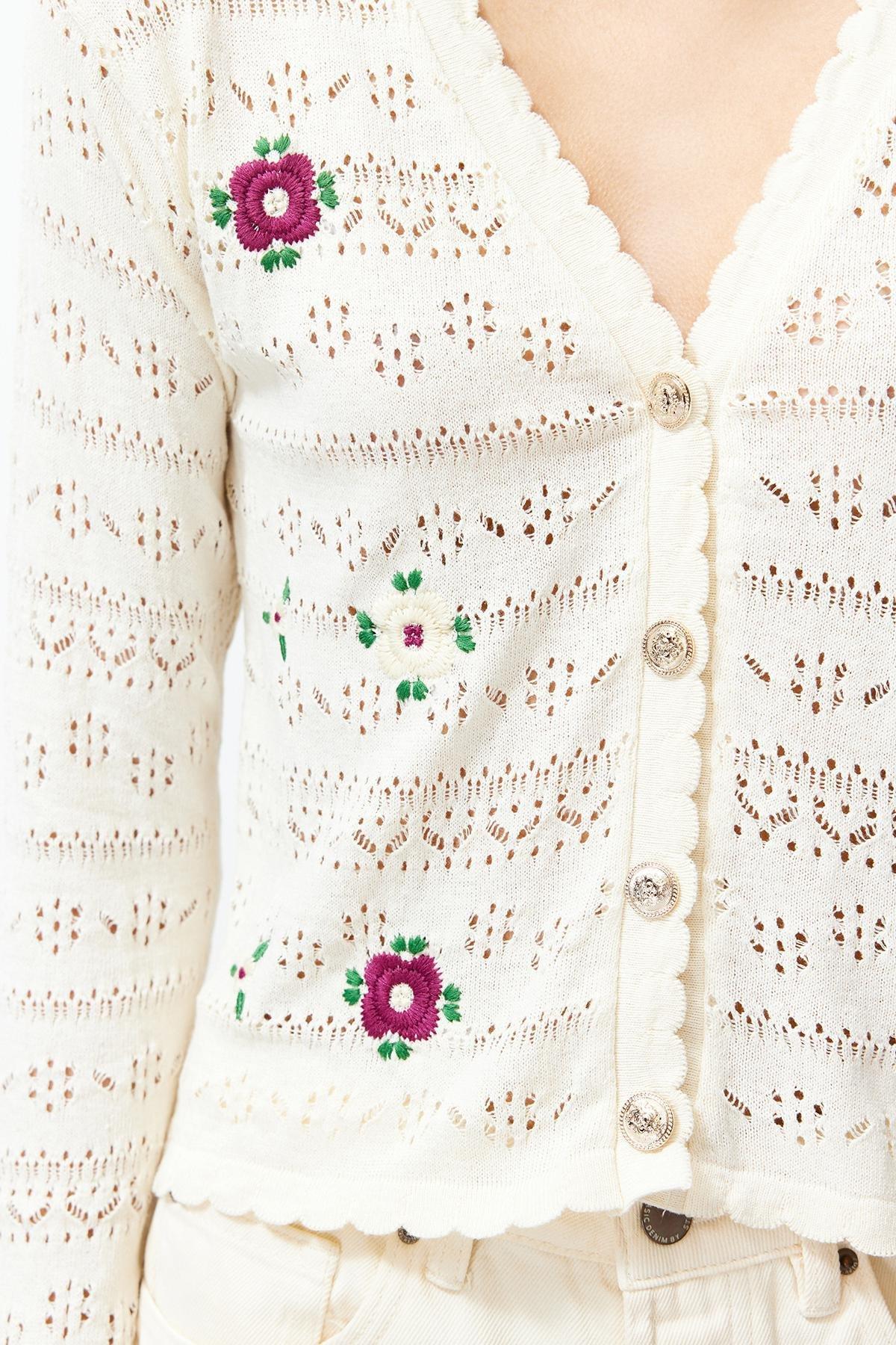 Ecru Embroidered Openwork Cardigan, Ecru, large image number 4