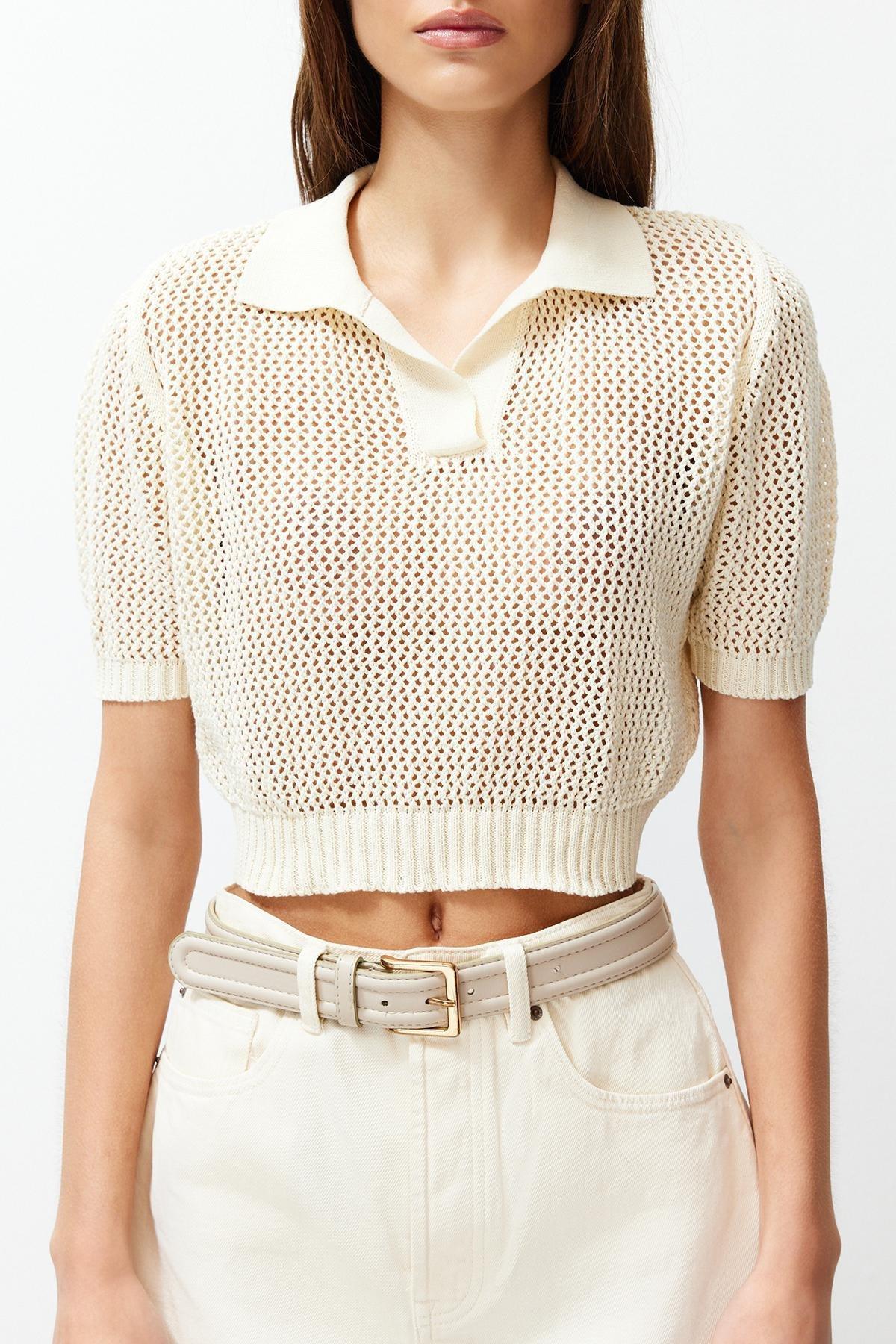 Beige Openwork Knitwear Sweater, STONE, large image number 3