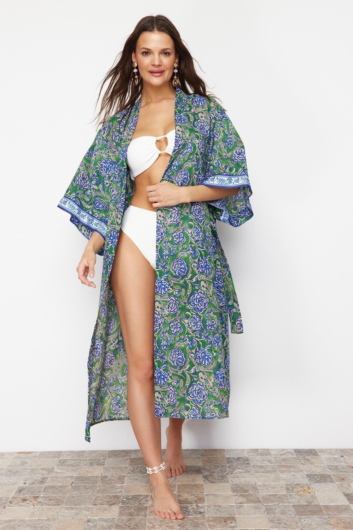 Floral Patterned Belted Maxi Woven Ribbon Accessory Kimono & Kaftan TBESS24KM00044, Very colorful, large image number 0